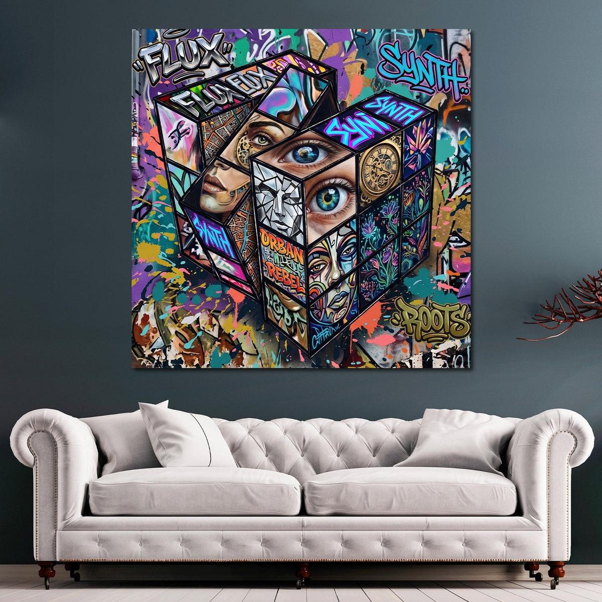 Detailansicht Wandbild Würfel mit Augen und Graffiti Schriftzügen
