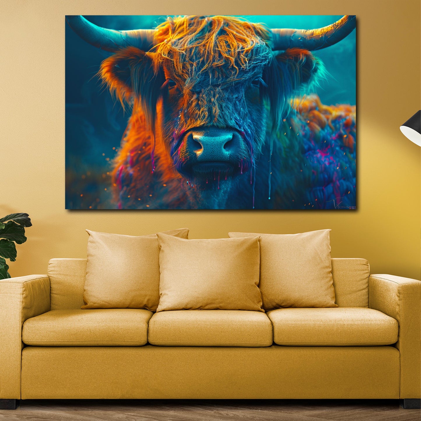 Zotteliges Rind leuchtende Farbkontraste Wandbild