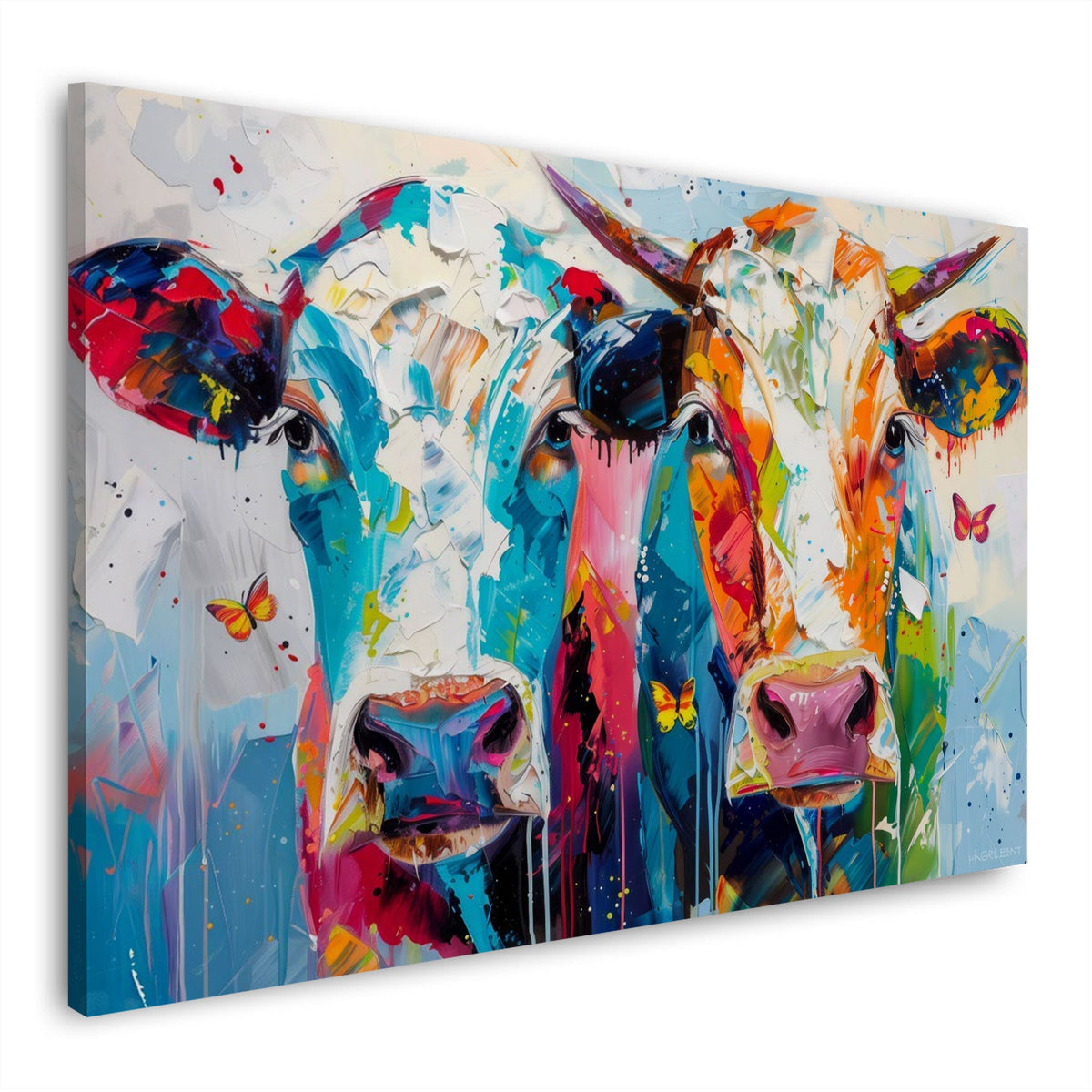 Zwei farbenfrohe Kühe im expressiven Pop-Art-Look als Wandbild