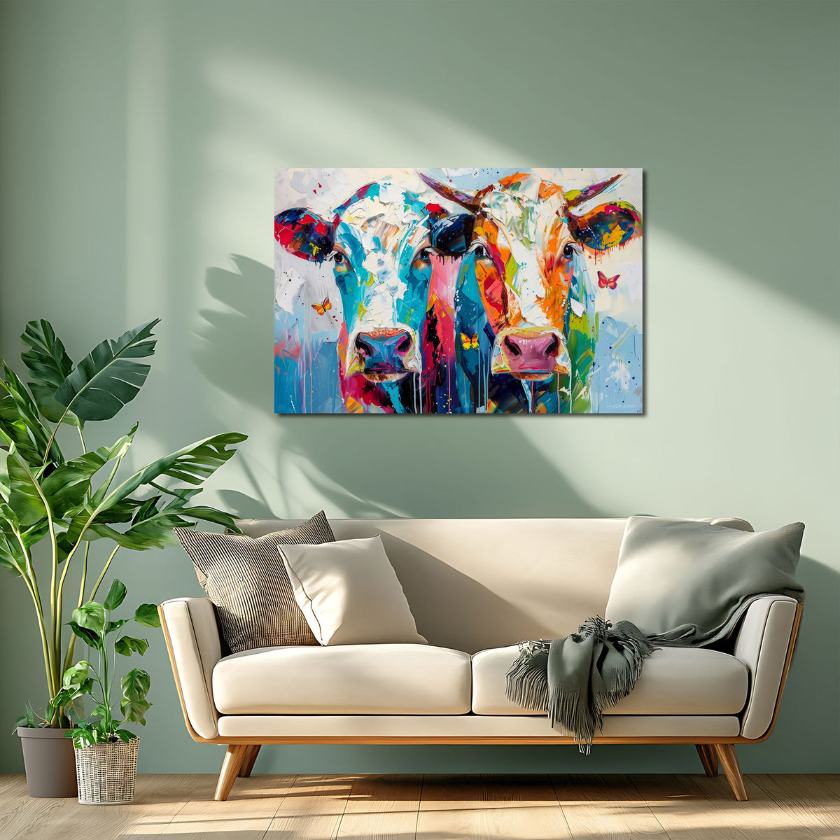 Farbenfrohe Kühe als Pop-Art-Wandbild in der Küche