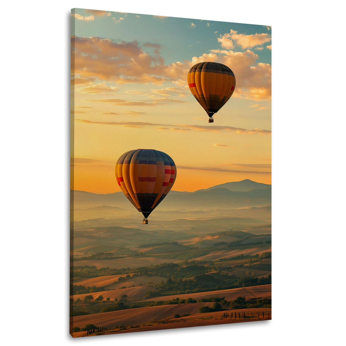 Wandbild mit zwei Heißluftballons über goldener Hügellandschaft