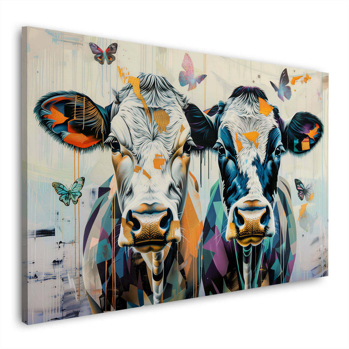 Zwei Kühe mit Schmetterlingen im Pop-Art-Stil als Wandbild