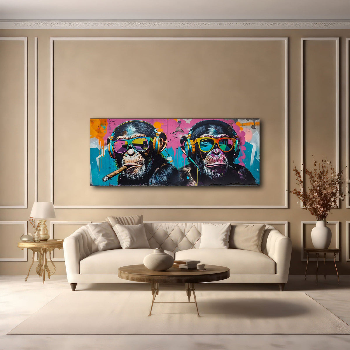Detailansicht Schimpansen Wandbild mit Kopfhörern und Neonfarben
