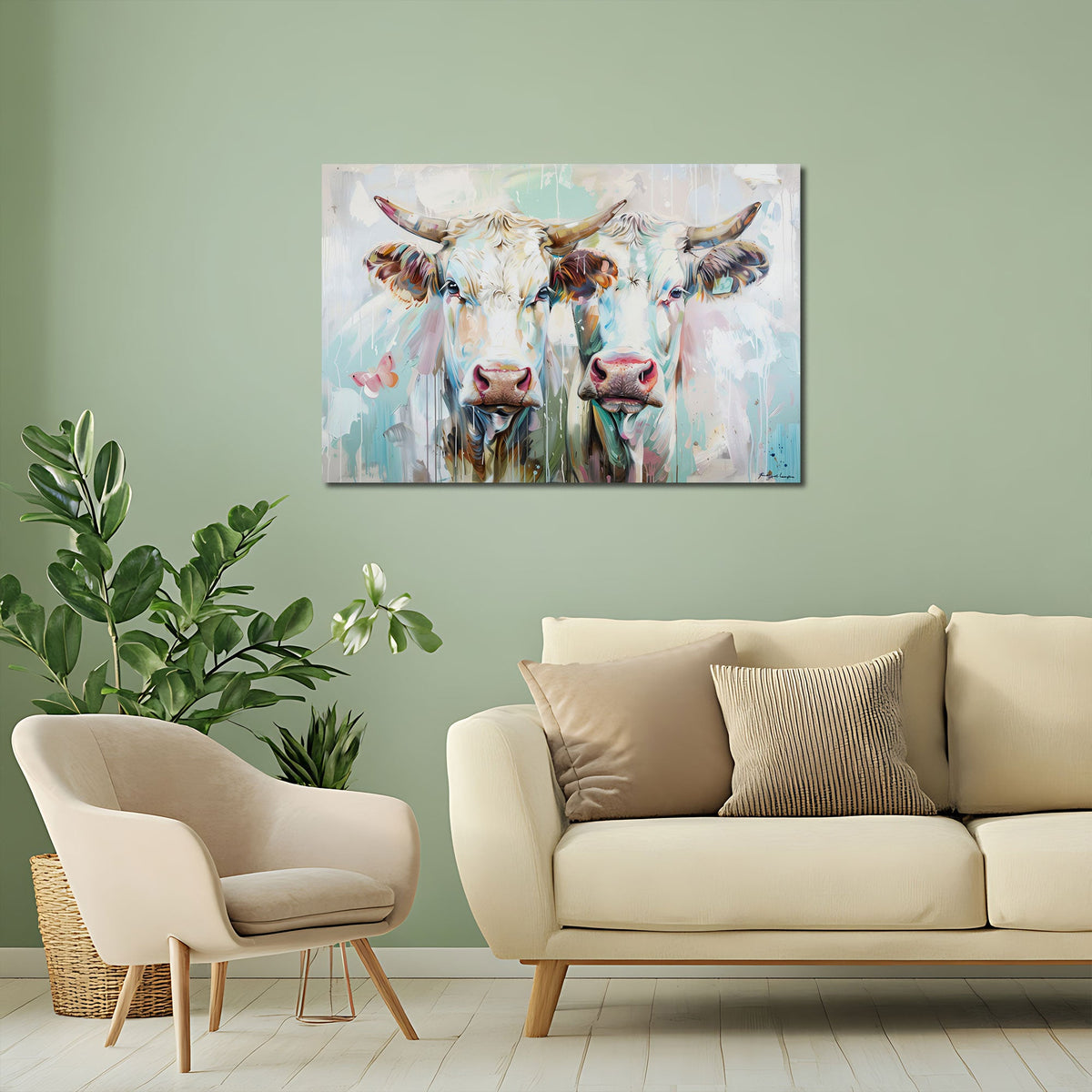 Pastellfarbenes Kuh-Wandbild über dem Sofa im Wohnzimmer