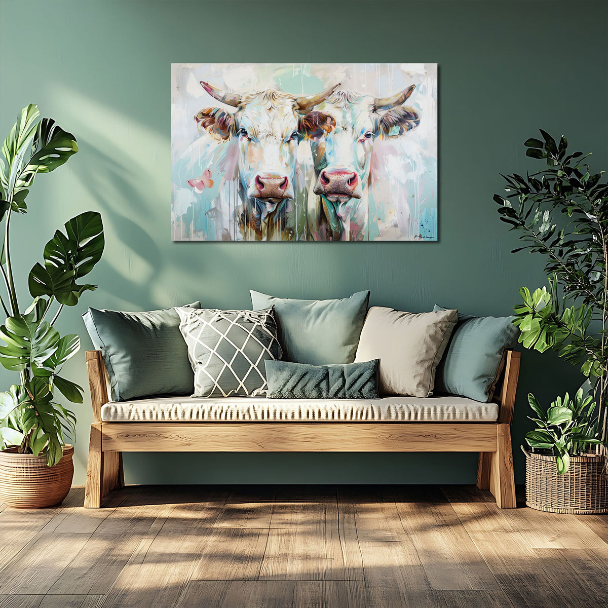 Weiße Kühe in zarten Farben als Wandbild im Esszimmer