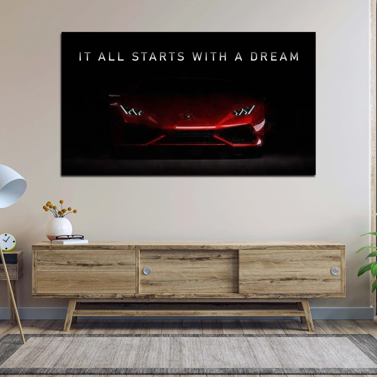 Sportwagen Lamborghini Red Style, It All Starts With A Dream Wandbild Kunstwerk