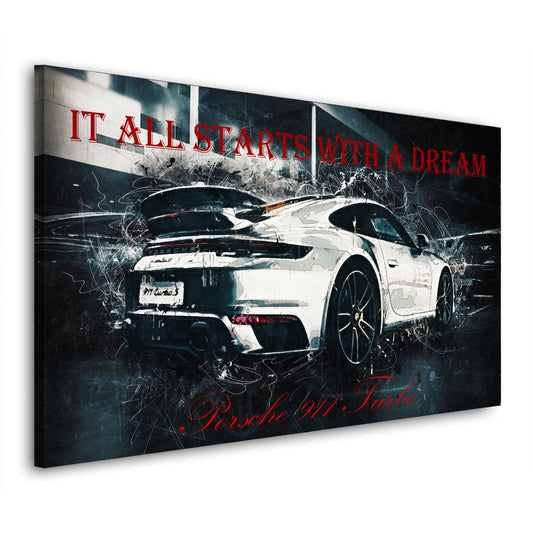Wandbild Kunstwerk Sportwagen Porsche weiß, It All Starts With A Dream