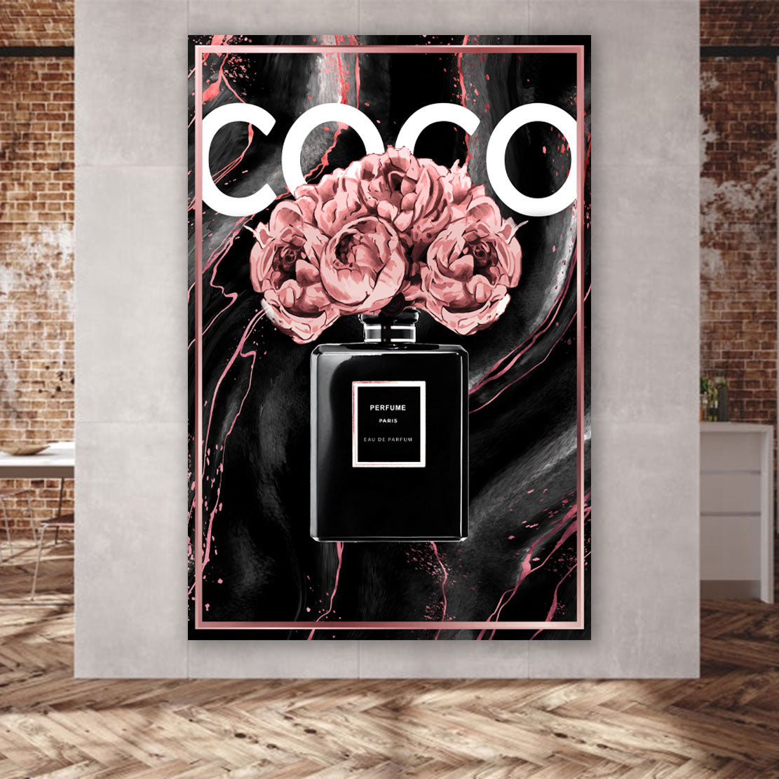 Wandbild Kunstwerk Parfüm Flasche Pop Art in rosa & schwarz