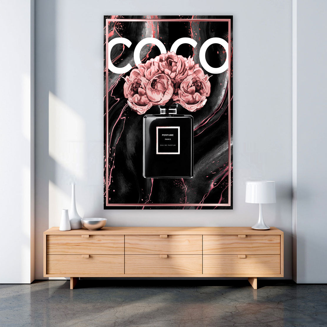 Wandbild Kunstwerk Parfüm Flasche Pop Art in rosa & schwarz